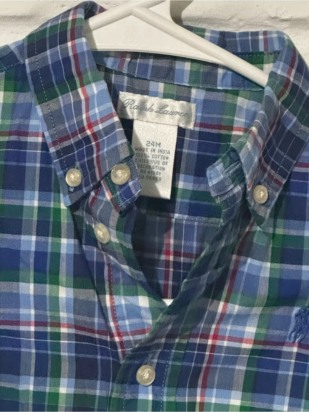 Ralph Lauren Plaid Button Down Shirt Boys Infant 24m Blue Green Cotton